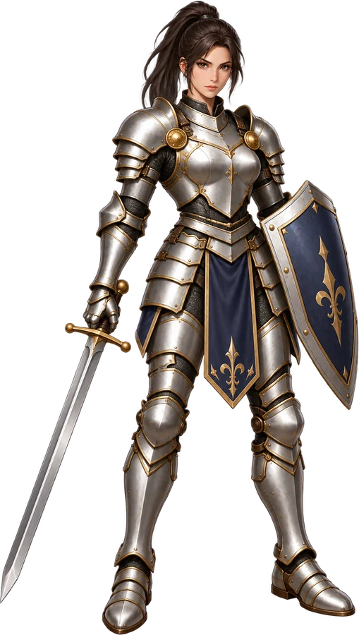 Female knight with a one-handed sword and shield
